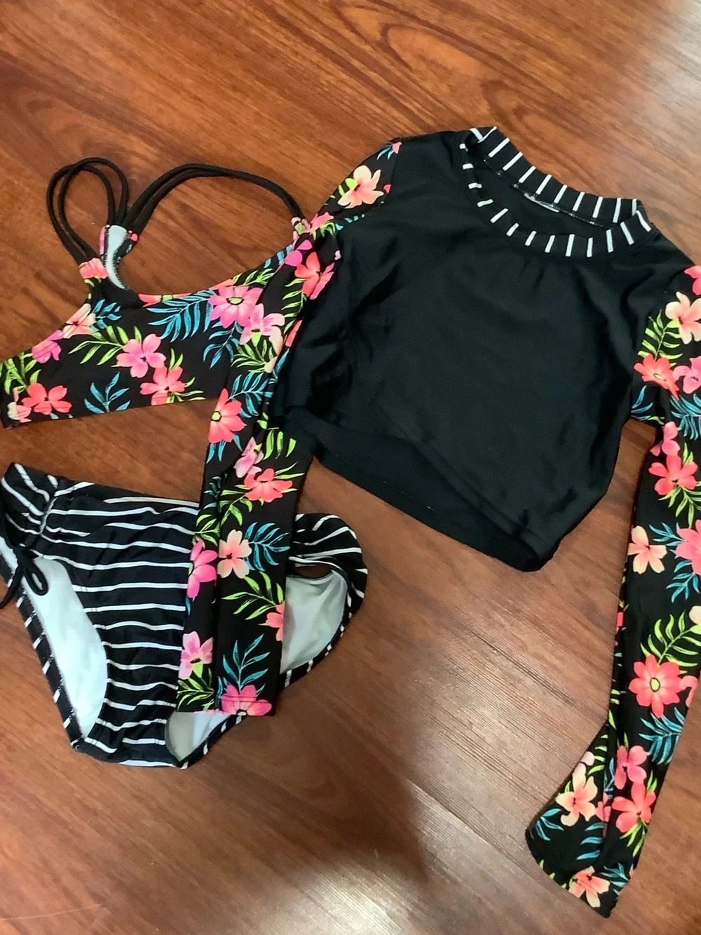 art class Black Floral & Striped Two-Piece Rash Guard Swim Set